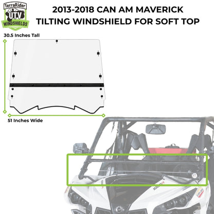 2013-2018 Can-Am Maverick tilting windshield dimensions for soft top, 30.5 inches tall by 51 inches wide