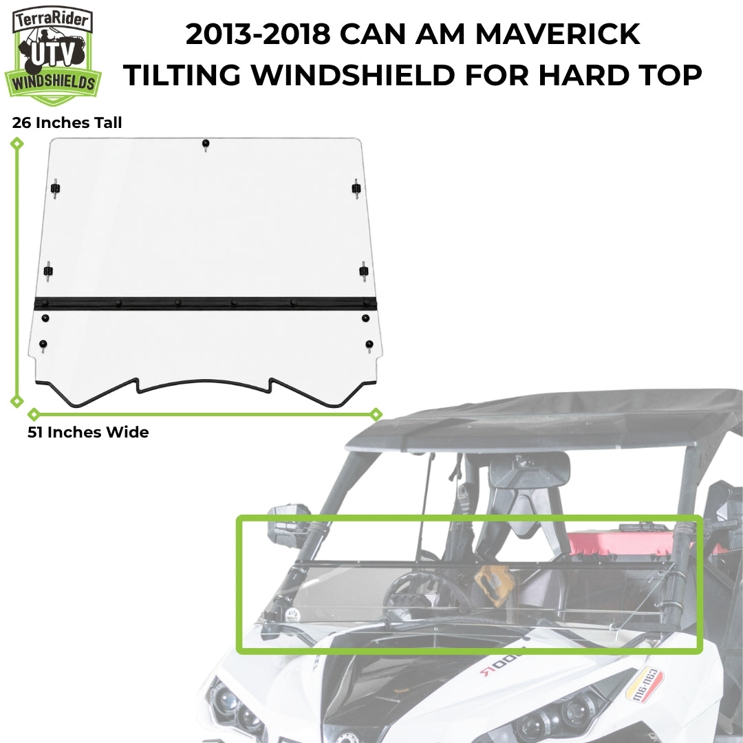 2013-2018 Can-Am Maverick tilting windshield dimensions for hard top, 26 inches tall by 51 inches wide
