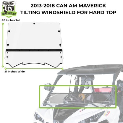 2013-2018 Can-Am Maverick tilting windshield dimensions for hard top, 26 inches tall by 51 inches wide
