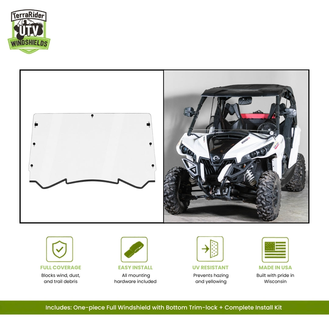 Can-Am Maverick one-piece full windshield with bottom trim-lock, shown installed on a white Maverick
