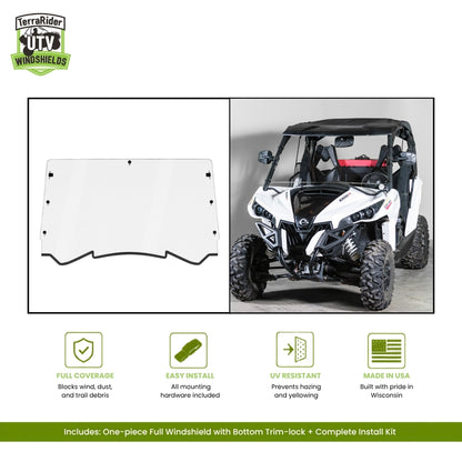 Can-Am Maverick one-piece full windshield with bottom trim-lock, shown installed on a white Maverick