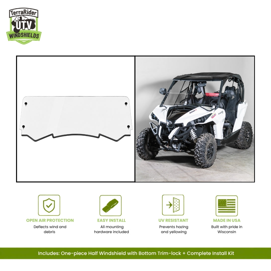 Can-Am Maverick one-piece half windshield with bottom trim-lock, shown installed on a white Maverick