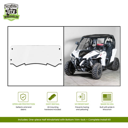 Can-Am Maverick one-piece half windshield with bottom trim-lock, shown installed on a white Maverick