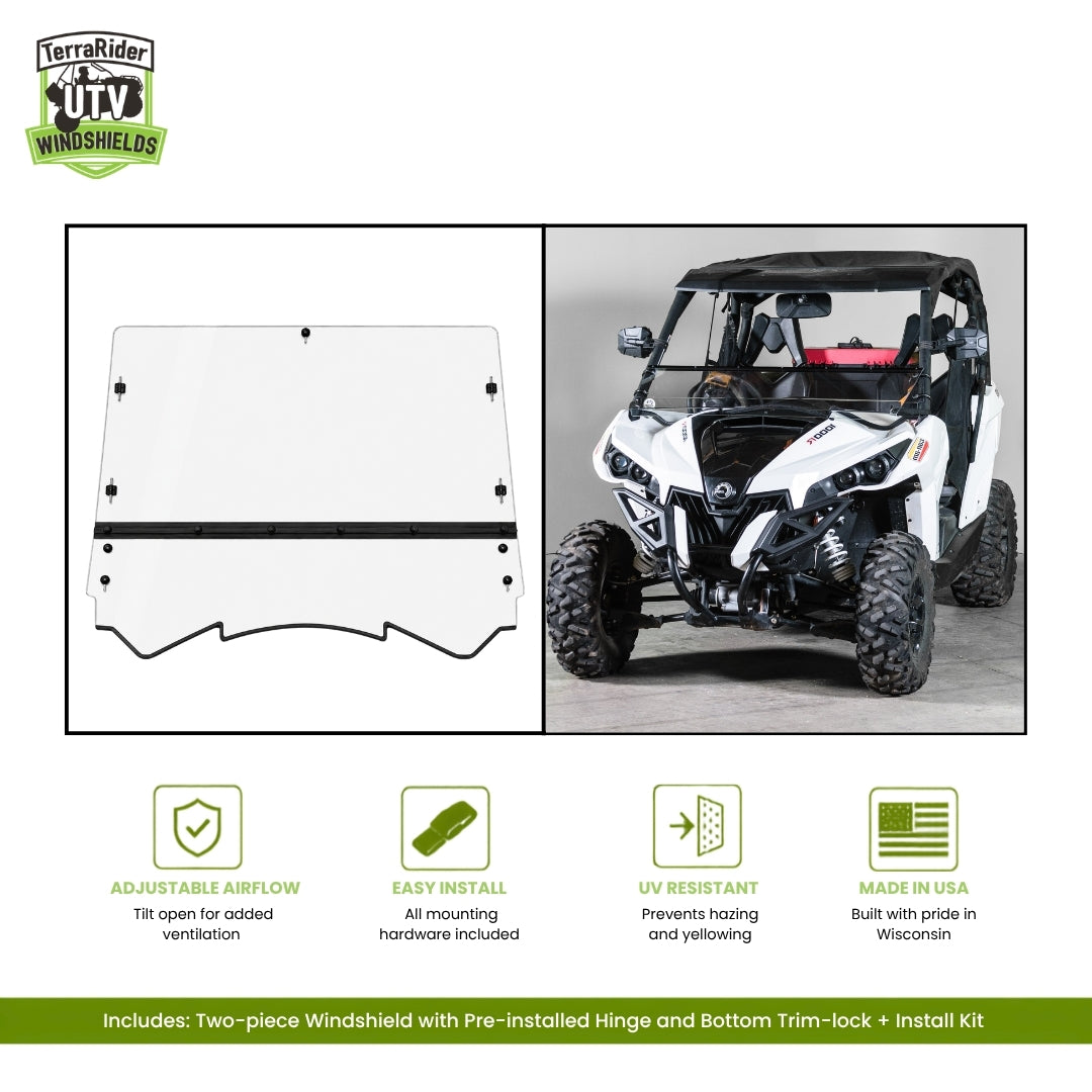 Can-Am Maverick two-piece tilting windshield with pre-installed hinge and bottom trim, shown installed on a white Maverick with hard top. gallery-1