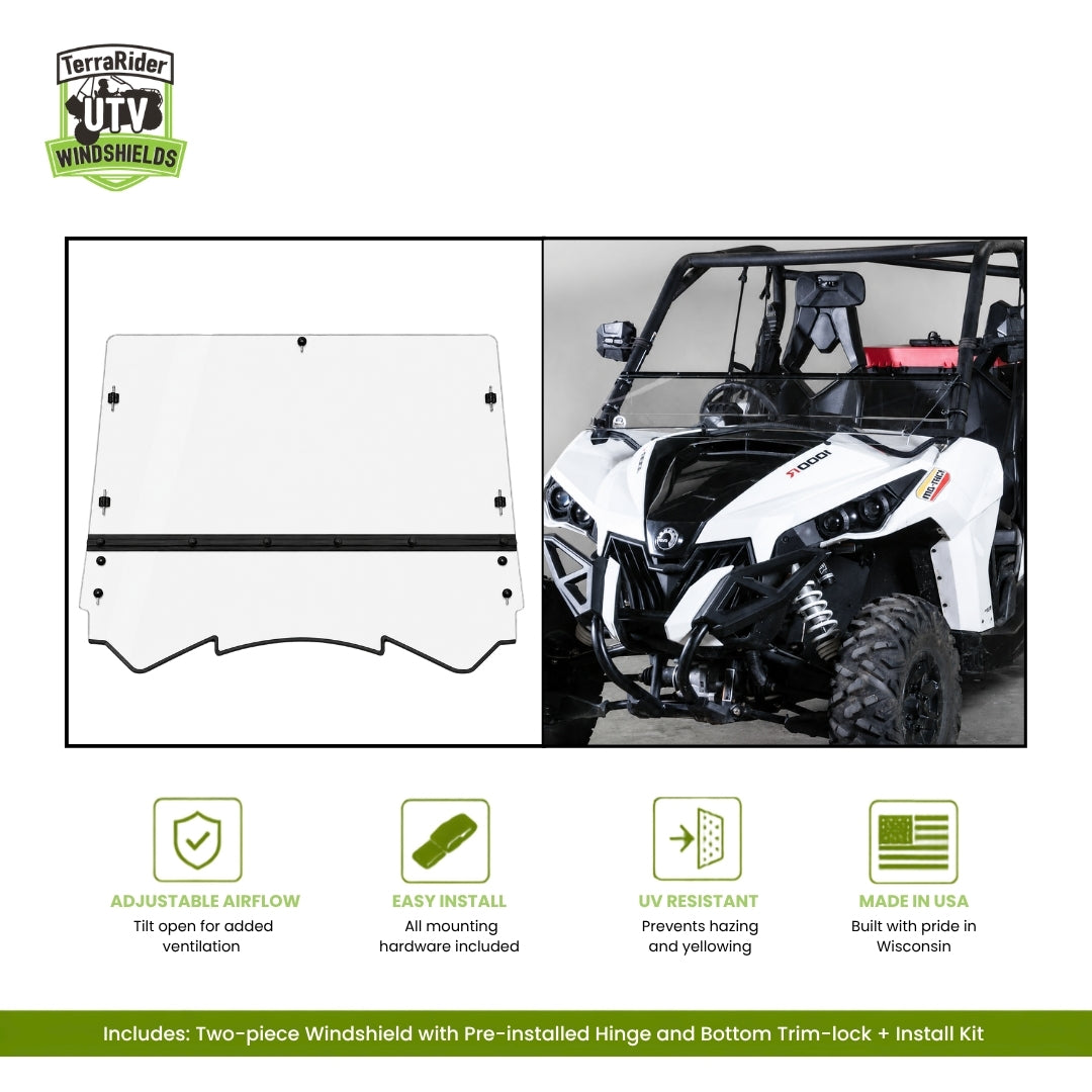 Can-Am Maverick two-piece tilting windshield with pre-installed hinge and bottom trim, shown installed on a white Maverick