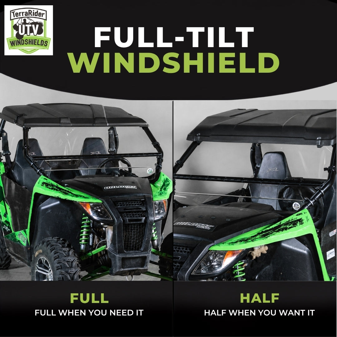Full-tilt windshield shown in full upright position and half tilted position on a green Arctic Cat Wildcat Trail