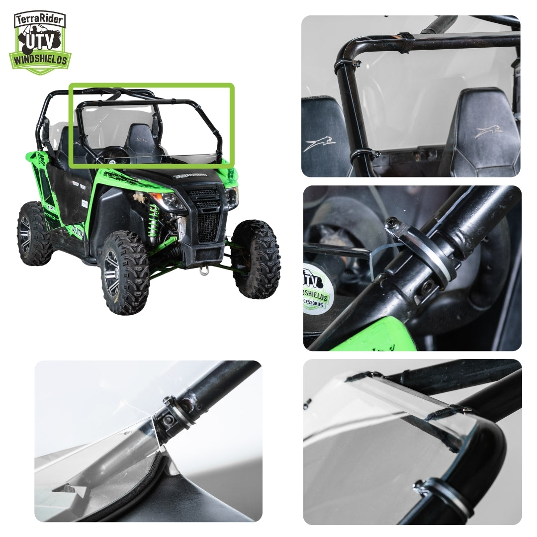 Full front windshield installed on a 2014-2017 Arctic Cat Wildcat Trail, shown from multiple angles with close-up views of the clamp and strap mounting points