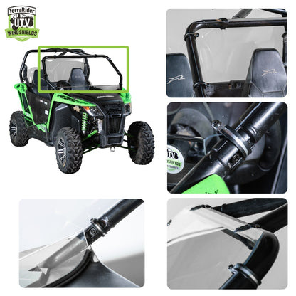 Full front windshield installed on a 2014-2017 Arctic Cat Wildcat Trail, shown from multiple angles with close-up views of the clamp and strap mounting points