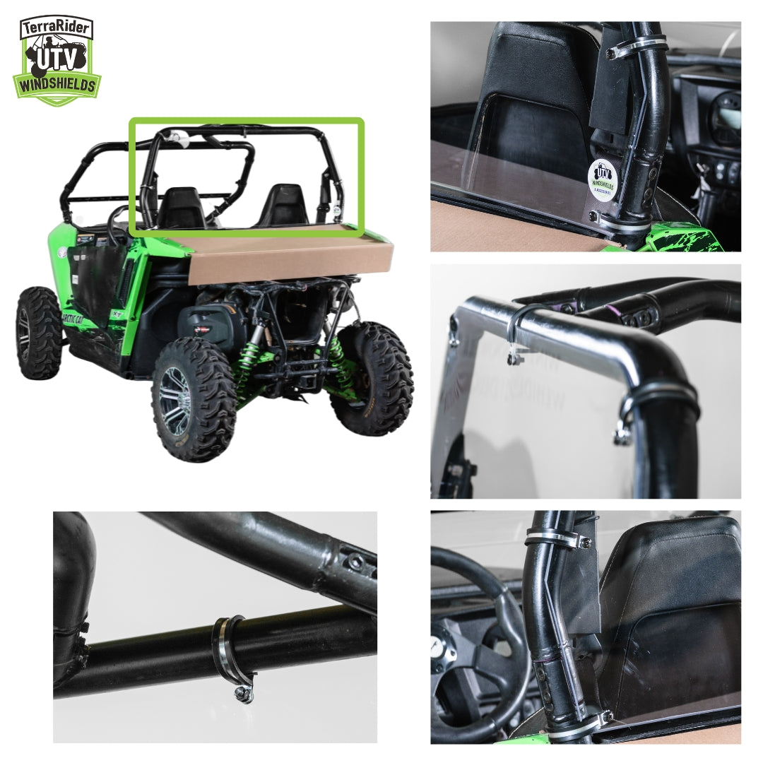 Close-up views of the Wildcat Trail rear windshield mounted behind the side-by-side cab and cargo bed