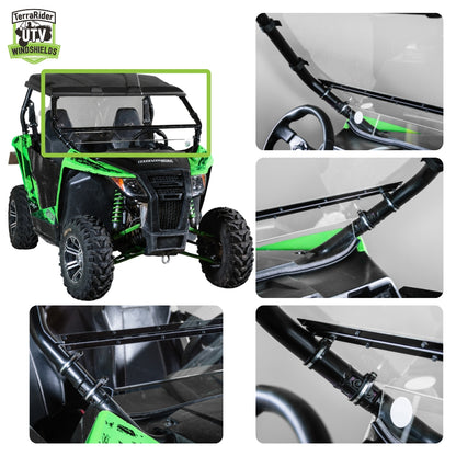 Close-up views of the Wildcat Trail tilting windshield hinge and clamps on the side-by-side roll cage