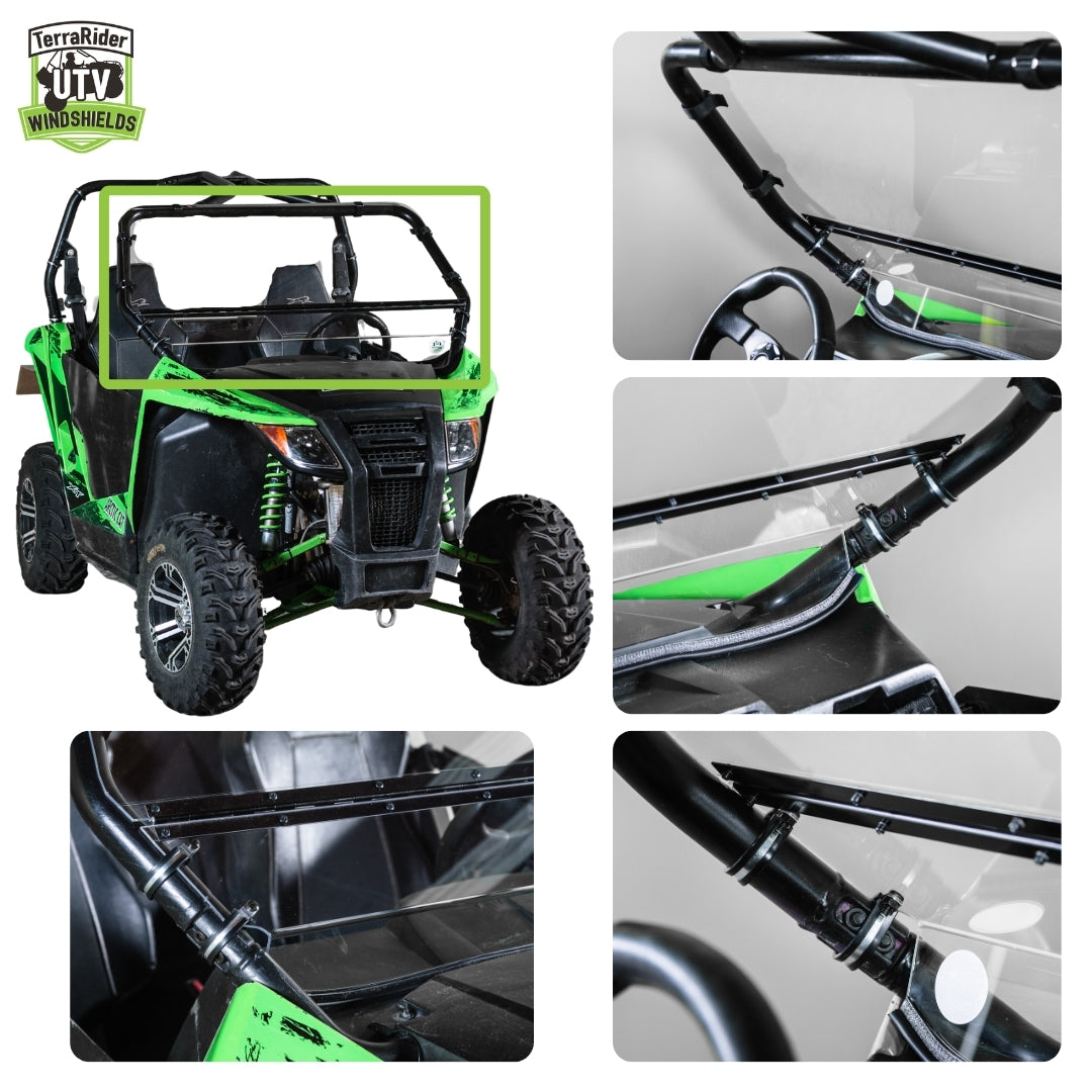 Close-up views of the Wildcat Trail tilting windshield hinge and clamps on the side-by-side roll cage. gallery-2