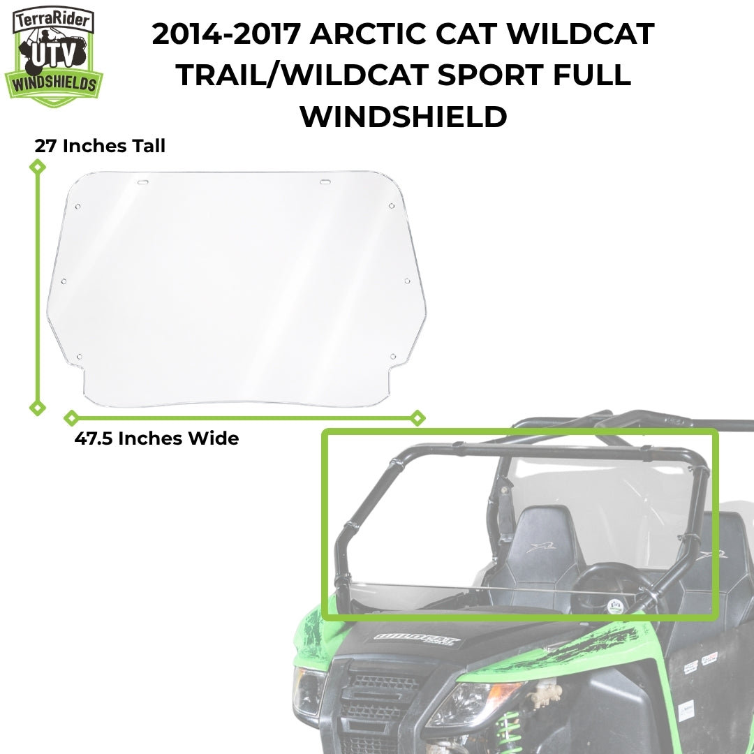 Dimension drawing for the 2014-2017 Arctic Cat Wildcat Trail and Wildcat Sport full windshield, 27 inches tall by 47.5 inches wide, shown with the machine