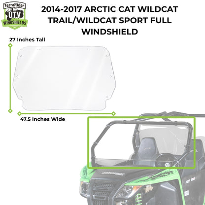 Dimension drawing for the 2014-2017 Arctic Cat Wildcat Trail and Wildcat Sport full windshield, 27 inches tall by 47.5 inches wide, shown with the machine