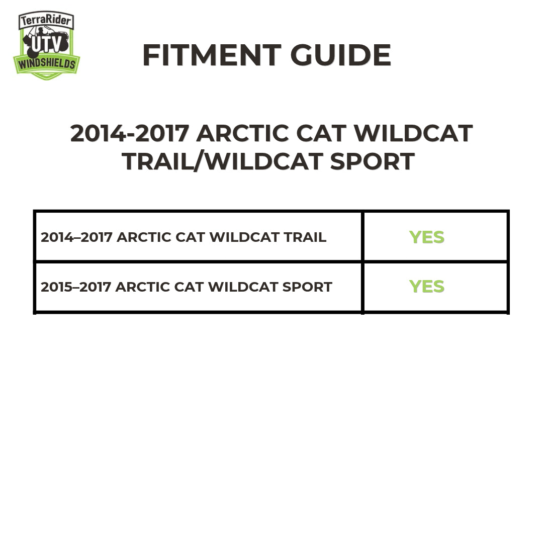 Fitment guide for the 2014-2017 Arctic Cat Wildcat Trail and Wildcat Sport full windshield, covering the 2014-2017 Trail and the 2015-2017 Sport