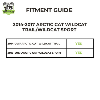 Fitment guide for the 2014-2017 Arctic Cat Wildcat Trail and Wildcat Sport full windshield, covering the 2014-2017 Trail and the 2015-2017 Sport