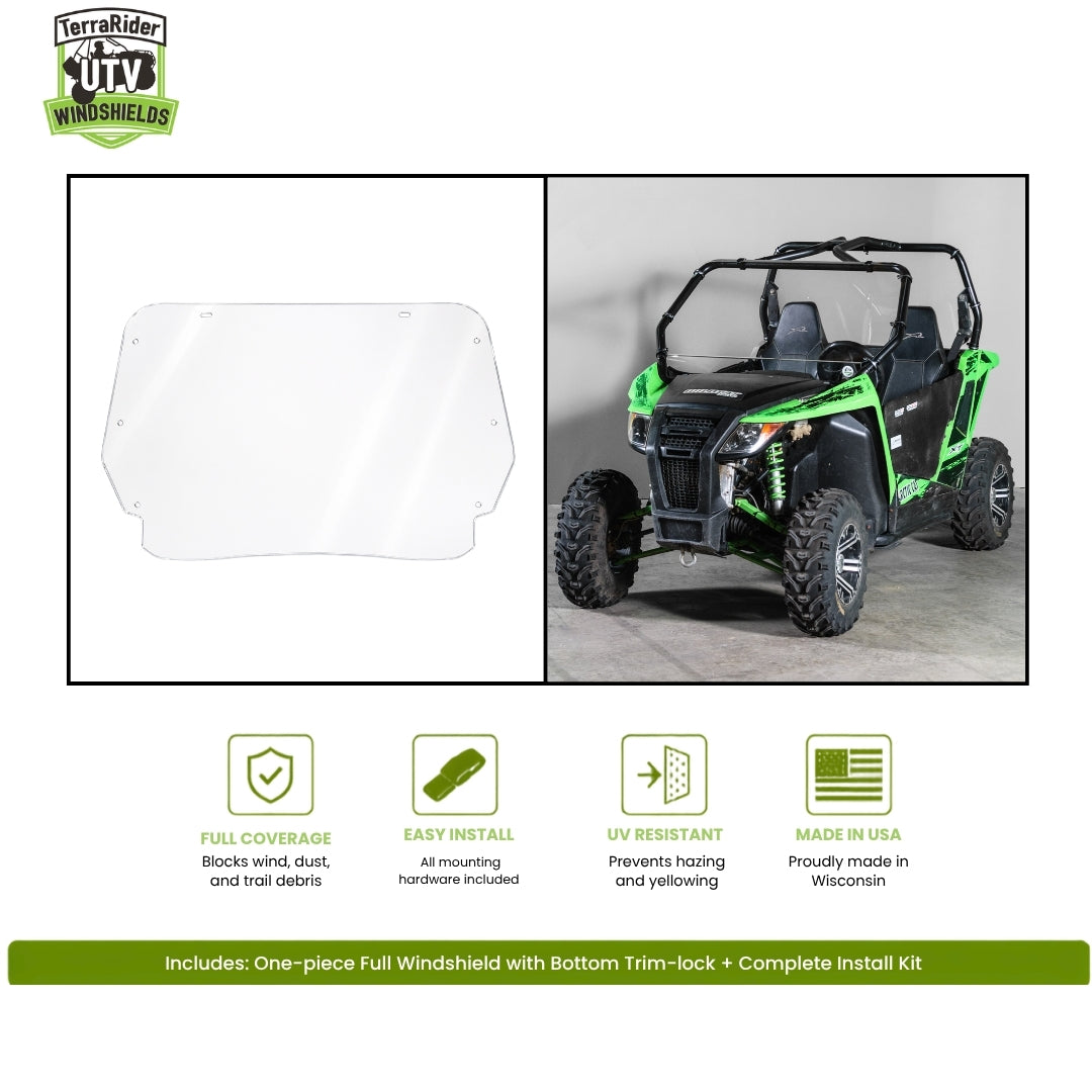 TerraRider full front windshield for the 2014-2017 Arctic Cat Wildcat Trail and Wildcat Sport, shown as a panel and installed on the machine