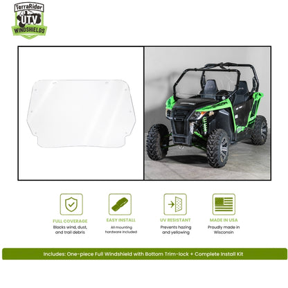 TerraRider full front windshield for the 2014-2017 Arctic Cat Wildcat Trail and Wildcat Sport, shown as a panel and installed on the machine