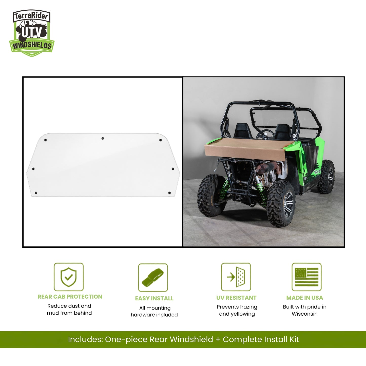 Arctic Cat Wildcat Trail one-piece rear windshield, shown installed behind the cab of a green Wildcat Trail