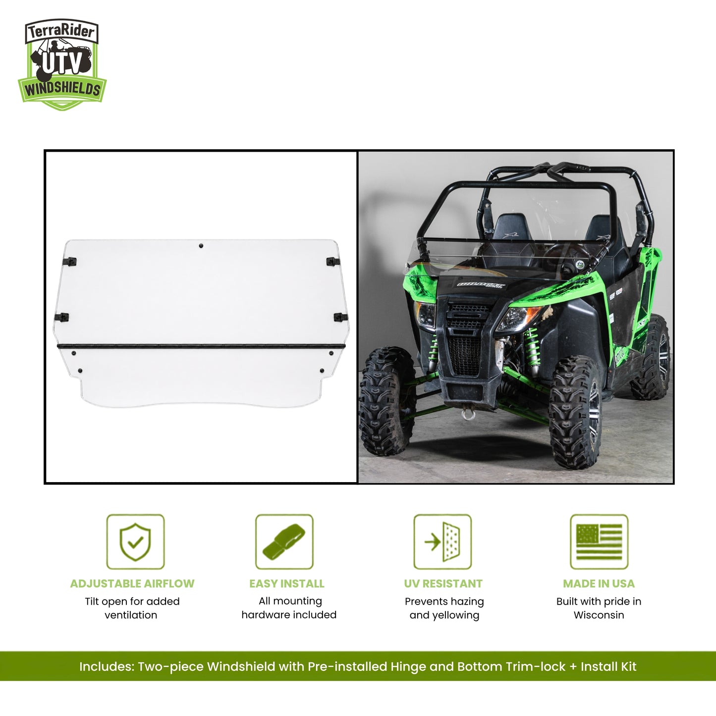 Arctic Cat Wildcat Trail two-piece tilting windshield with pre-installed hinge, shown installed on a green Wildcat Trail