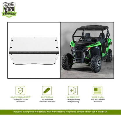 Arctic Cat Wildcat Trail two-piece tilting windshield with pre-installed hinge, shown installed on a green Wildcat Trail. gallery-1