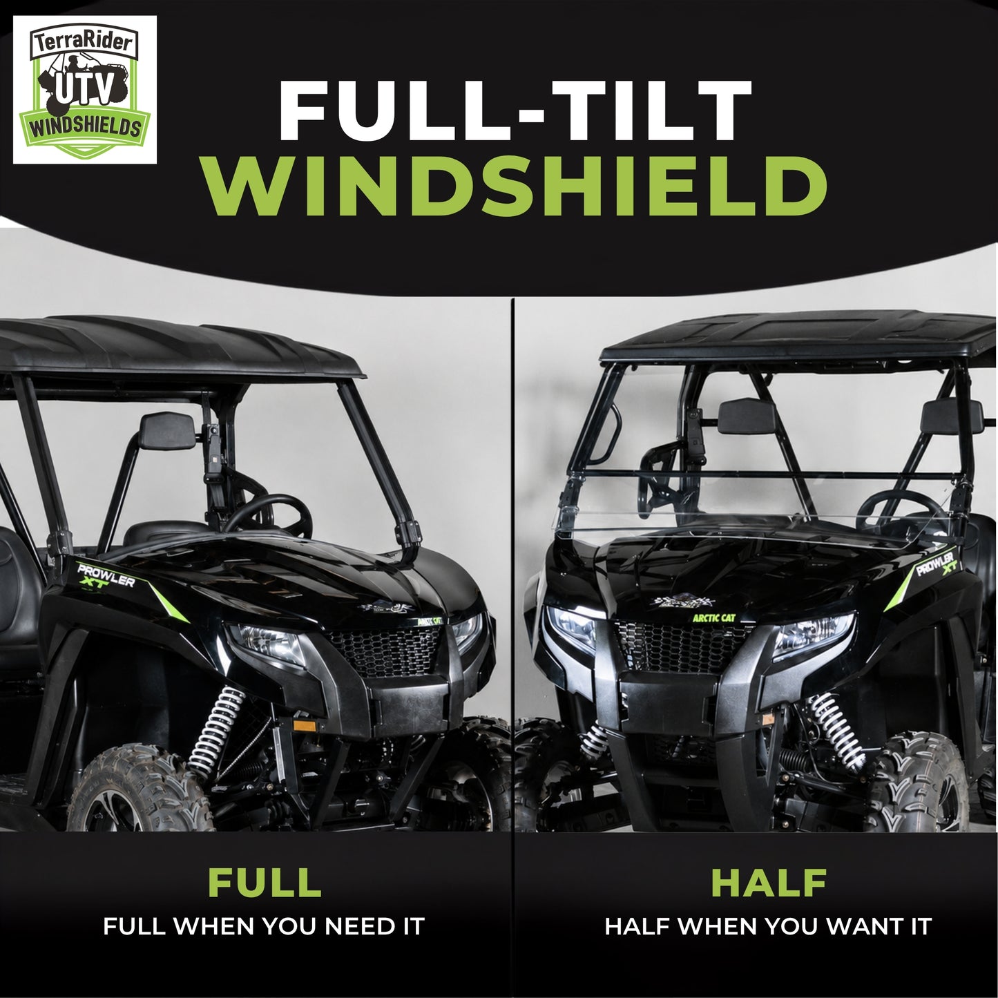 TerraRider tilting windshield shown in the full and half positions on an Arctic Cat Prowler