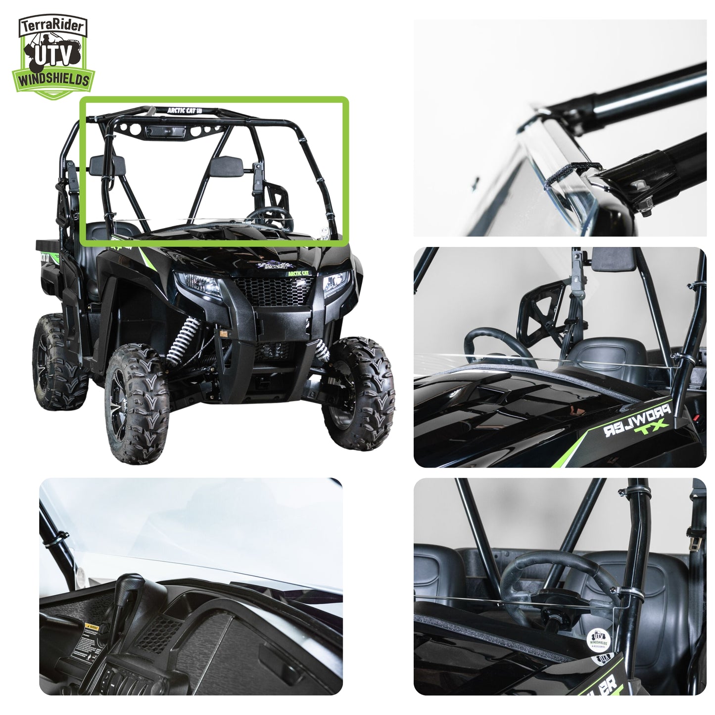 Full front windshield installed on a 2015-2017 Arctic Cat Prowler HDX, shown from multiple angles with close-up views of the clamp mounting points