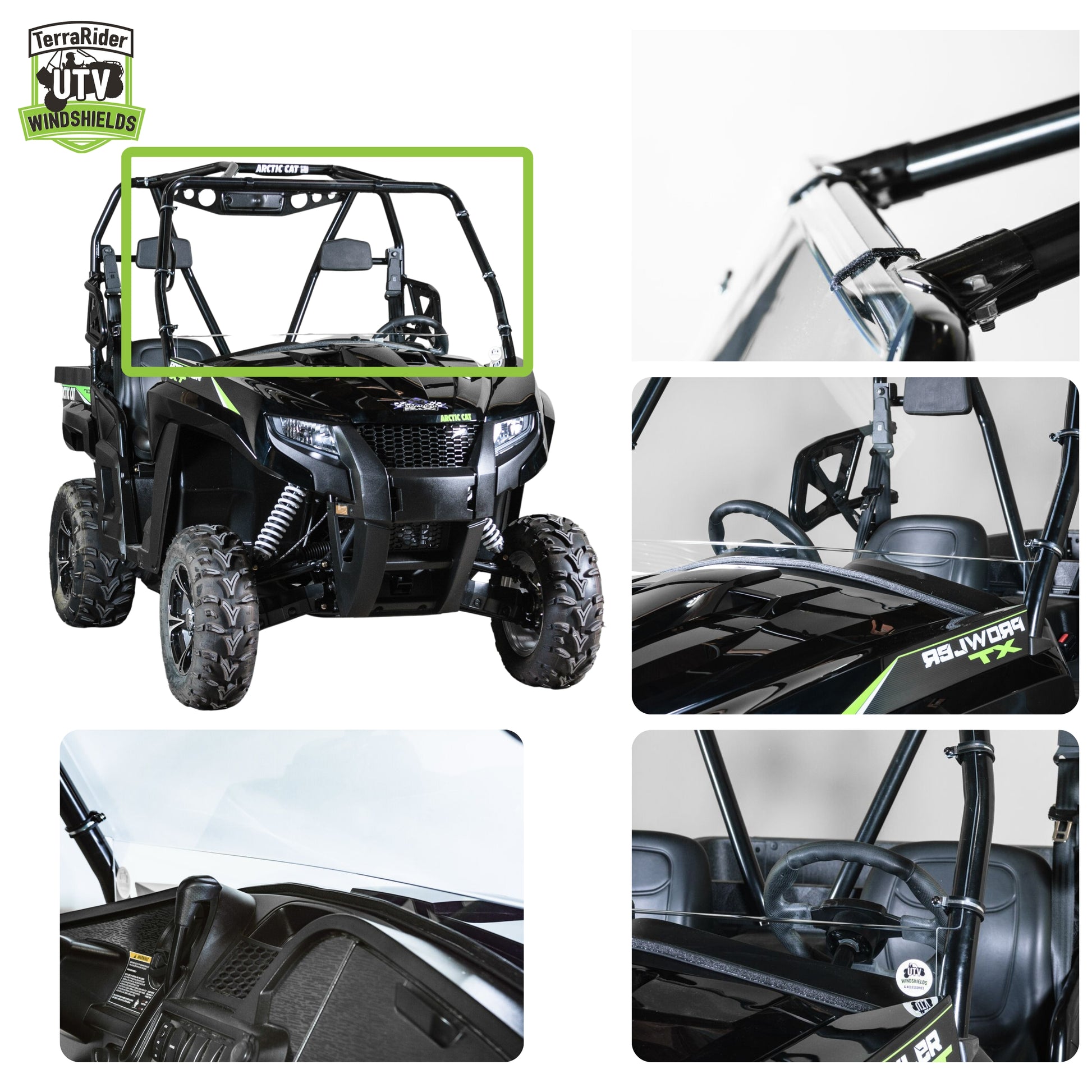 Full front windshield installed on a 2015-2017 Arctic Cat Prowler HDX, shown from multiple angles with close-up views of the clamp mounting points