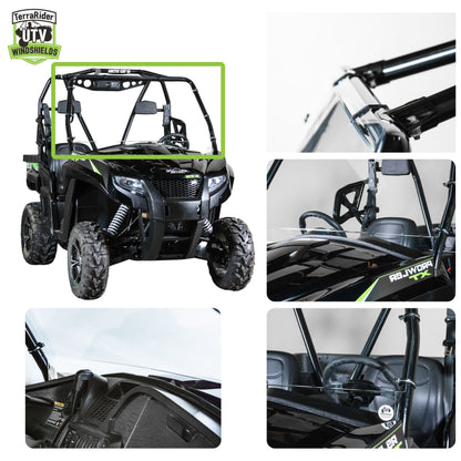Full front windshield installed on a 2015-2017 Arctic Cat Prowler HDX, shown from multiple angles with close-up views of the clamp mounting points