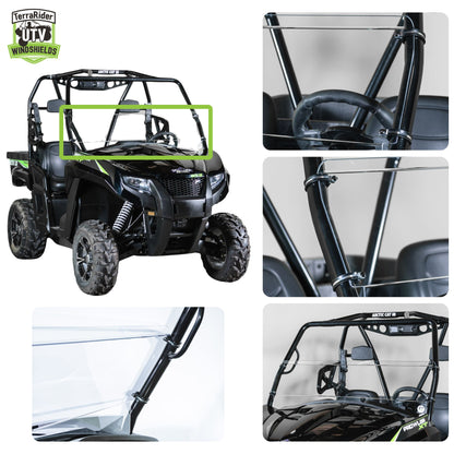 Close-up views of the Prowler half windshield clamps and installed fit on the side-by-side roll cage