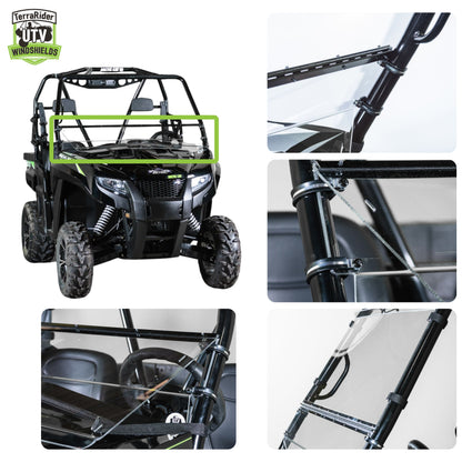 Tilting windshield installed on a 2015-2017 Arctic Cat Prowler with no top, shown from multiple angles with close-up views of the clamp and strap mounting points