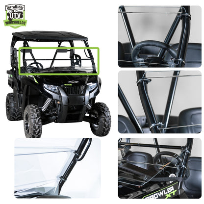 Close-up views of the Prowler tilting windshield hinge and clamps on the side-by-side roll cage. gallery-1