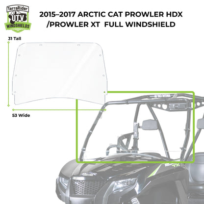 Dimension drawing for the 2015-2017 Arctic Cat Prowler HDX and XT full windshield, 31 inches tall by 53 inches wide, shown against the machine