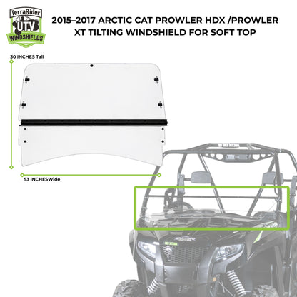 Dimension drawing for the 2015-2017 Arctic Cat Prowler tilting windshield for a soft or no top, 30 inches tall by 53 inches wide, shown against the machine