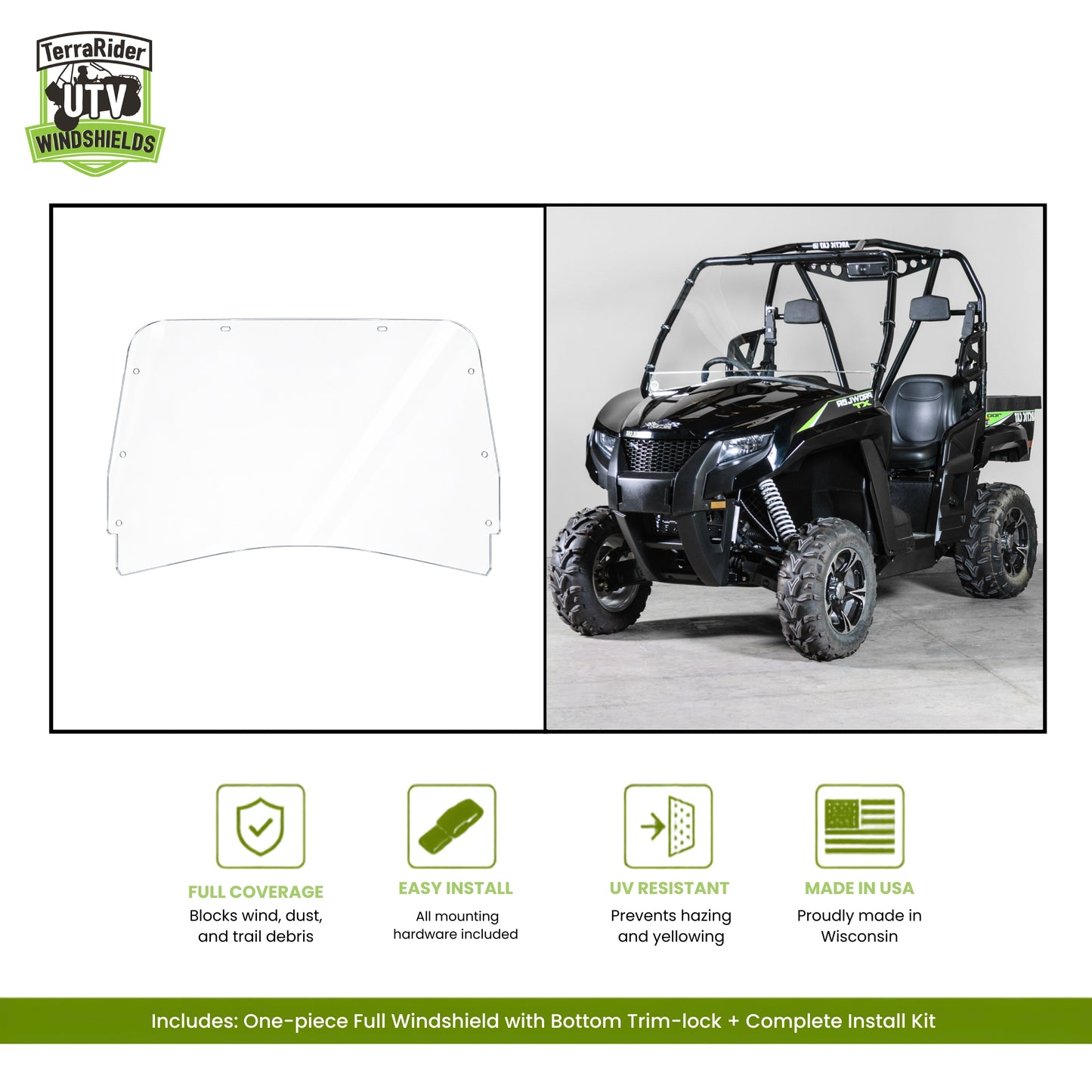 TerraRider full front windshield for the 2015-2017 Arctic Cat Prowler HDX and XT, shown as a panel and installed on the machine