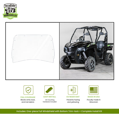 TerraRider full front windshield for the 2015-2017 Arctic Cat Prowler HDX and XT, shown as a panel and installed on the machine