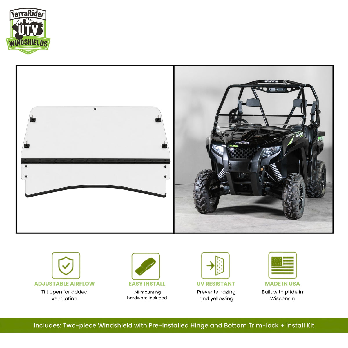 Arctic Cat Prowler two-piece tilting windshield with pre-installed hinge, shown installed on a black Prowler. gallery-2