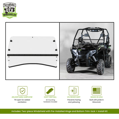 Arctic Cat Prowler two-piece tilting windshield with pre-installed hinge, shown installed on a black Prowler. gallery-2