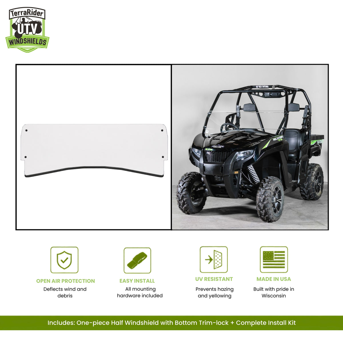 Arctic Cat Prowler one-piece half windshield with bottom trim-lock, shown installed on a black Prowler