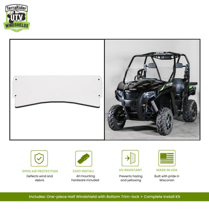 Arctic Cat Prowler one-piece half windshield with bottom trim-lock, shown installed on a black Prowler