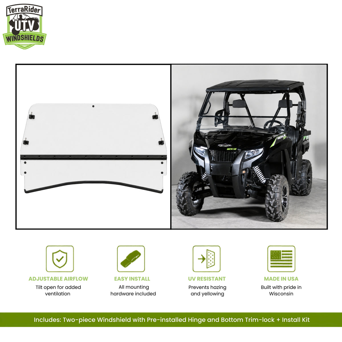 Arctic Cat Prowler two-piece tilting windshield with pre-installed hinge, shown installed on a black Prowler