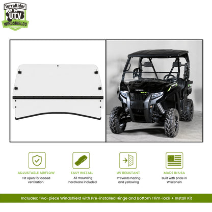 Arctic Cat Prowler two-piece tilting windshield with pre-installed hinge, shown installed on a black Prowler