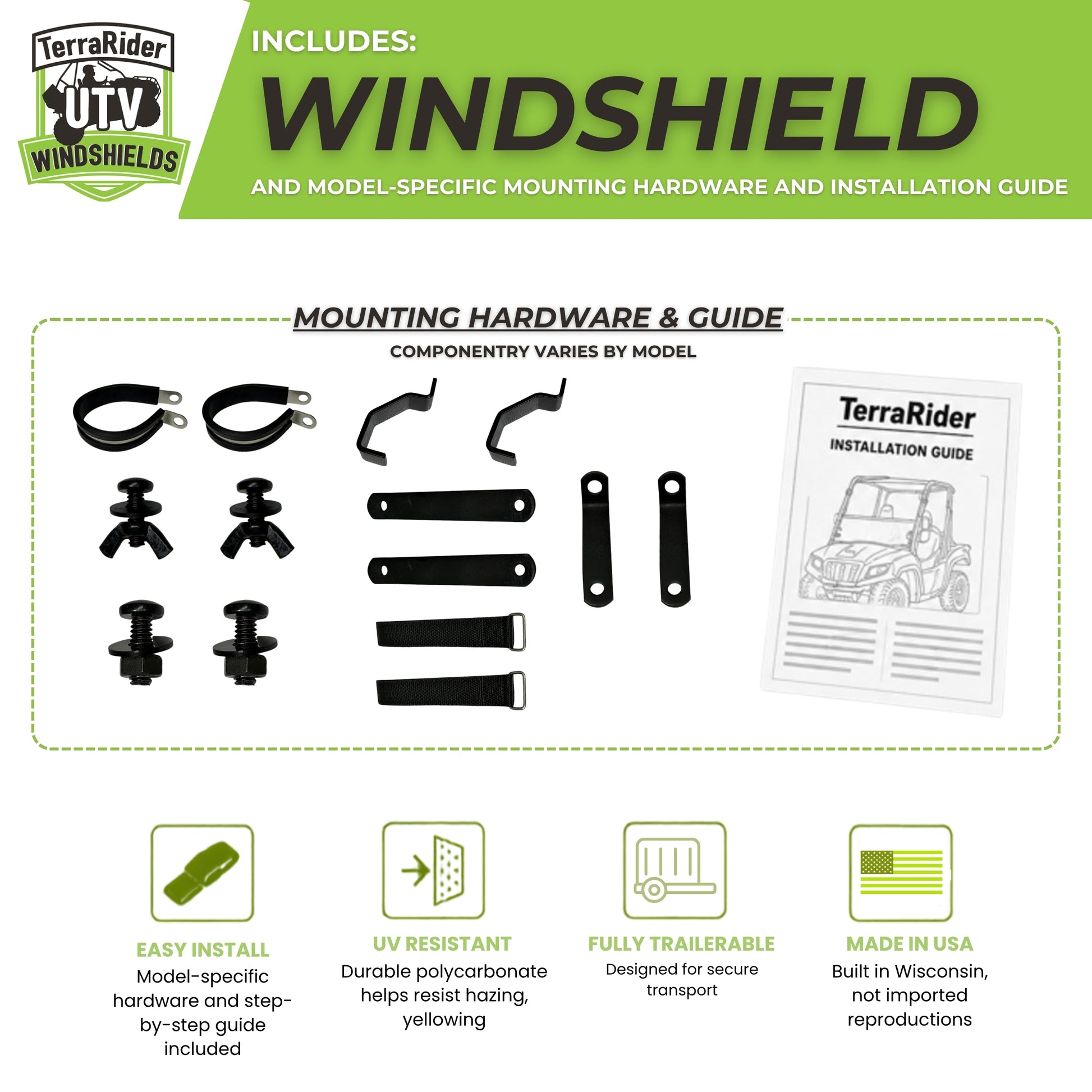 TerraRider UTV windshield mounting hardware and installation guide for the 2015-2017 Arctic Cat Prowler HDX and XT. Components vary by model.