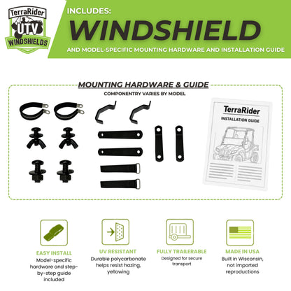 TerraRider UTV windshield mounting hardware and installation guide for the 2015-2017 Arctic Cat Prowler HDX and XT. Components vary by model.