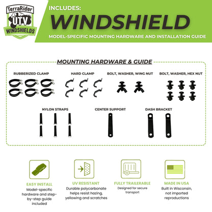 Mounting hardware and installation guide for the 2015-2017 Arctic Cat Prowler half windshield, componentry varies by model