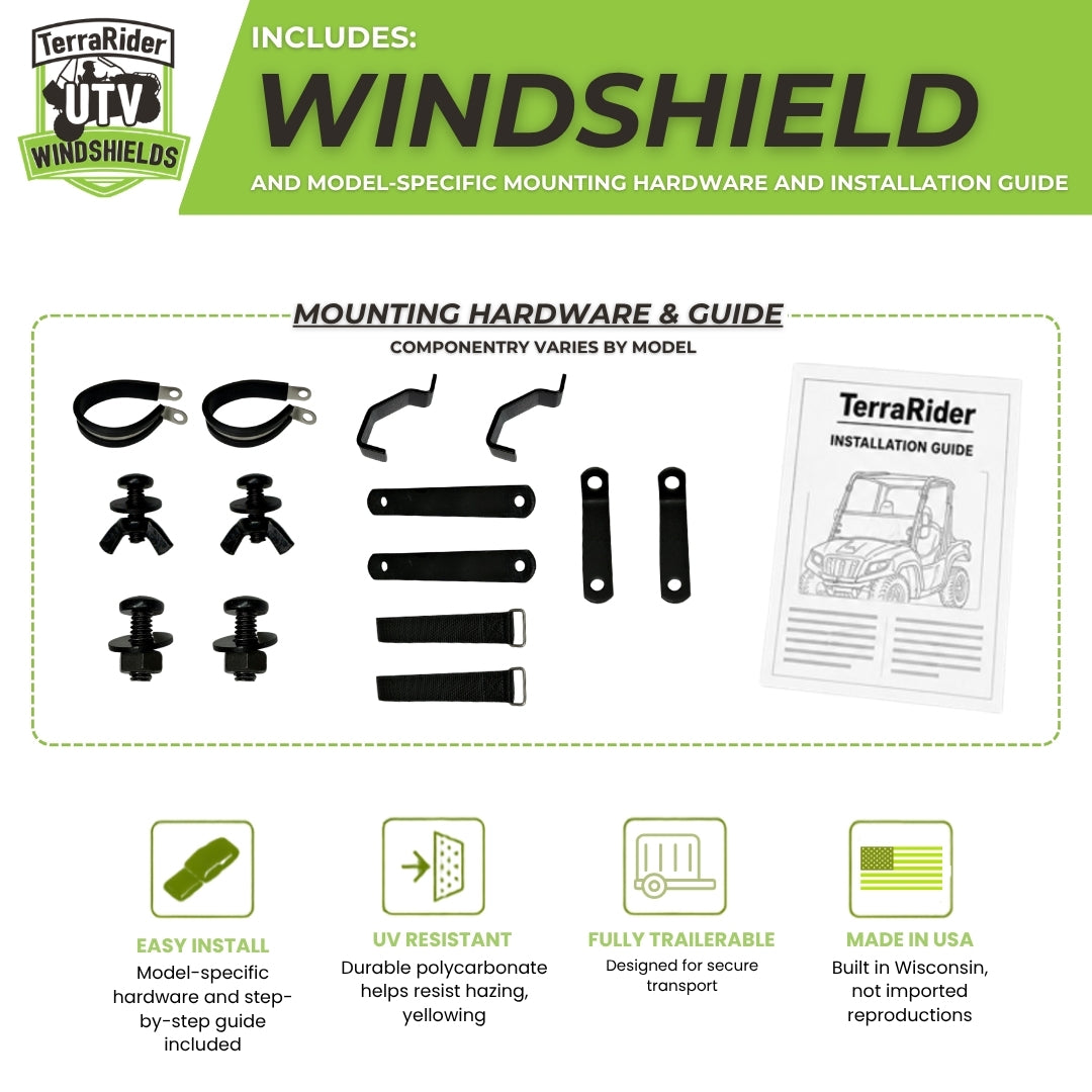 Mounting hardware and installation guide for the 2015-2017 Arctic Cat Prowler tilting windshield, componentry varies by model