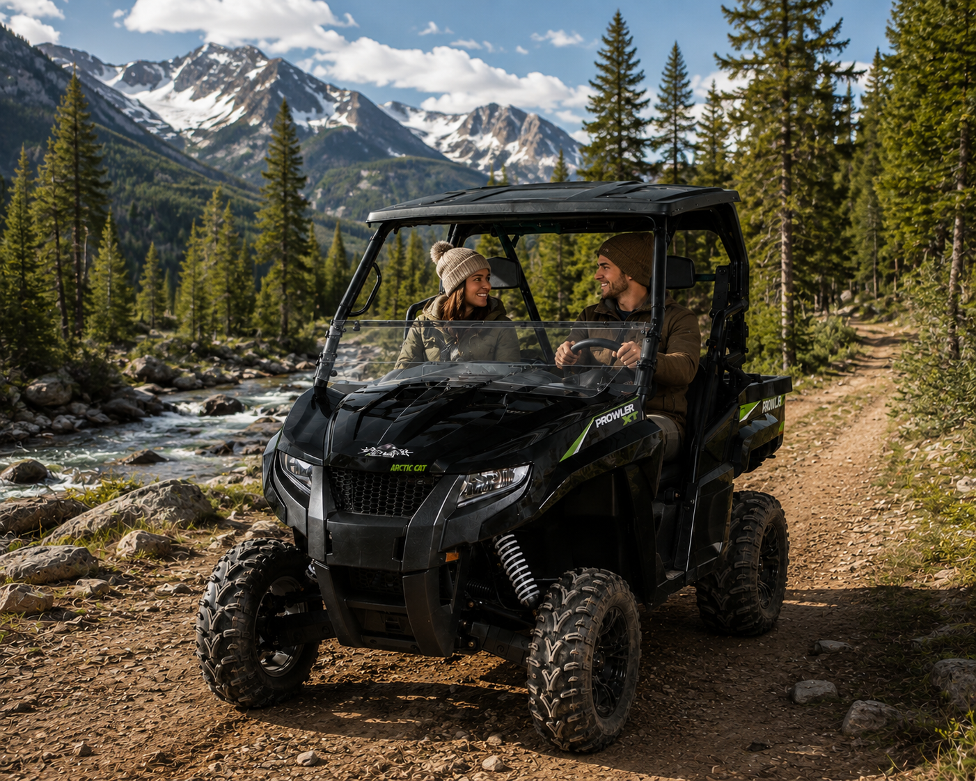 2015-2017 Arctic Cat Prowler with a TerraRider tilting windshield for a hard top being driven on a trail