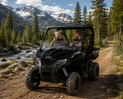 2015-2017 Arctic Cat Prowler with a TerraRider tilting windshield for a hard top being driven on a trail