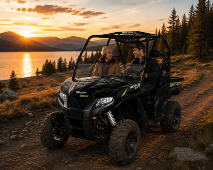 Black Arctic Cat Prowler with half windshield on a lakeside trail at sunset