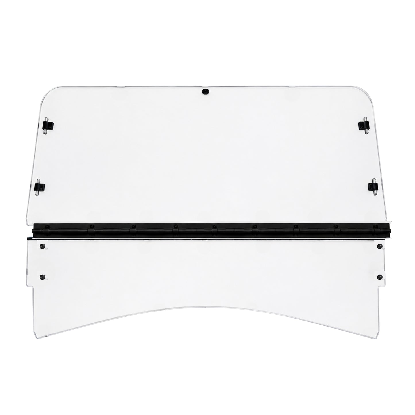 TerraRider tilting UTV windshield panel for the 2015-2017 Arctic Cat Prowler HDX and XT, showing the hinge bar and mounting hardware