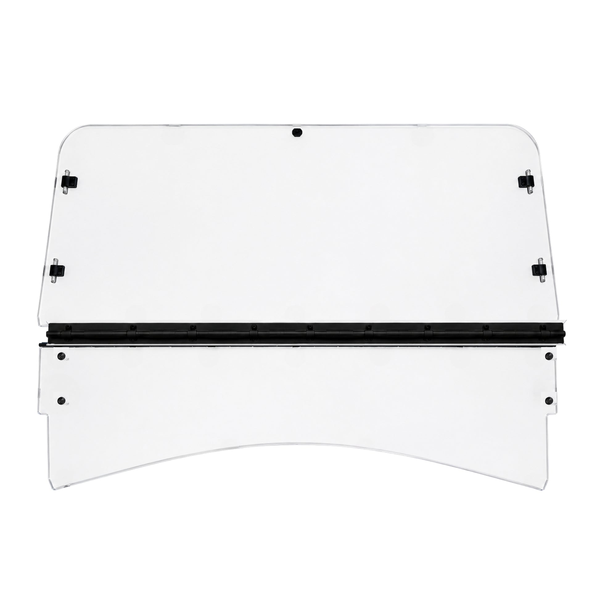TerraRider tilting UTV windshield panel for the 2015-2017 Arctic Cat Prowler HDX and XT, showing the hinge bar and mounting hardware